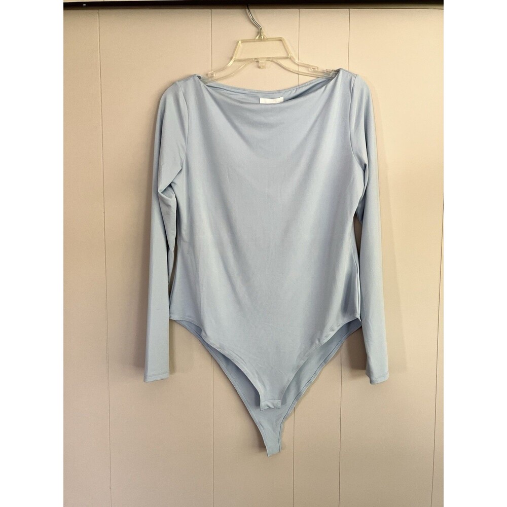 H&M Women’s Long Sleeve Bodysuit Size L  Blue Stretch Snap Closure Boat Neck NWT